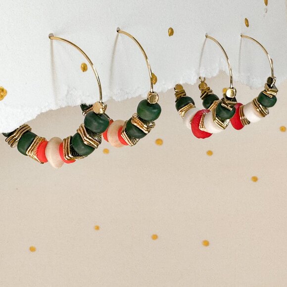 Handmade Jewelry - Boho Hoop Earrings Green Stone Beaded Gold Hoops Coral Ivory | Artisan Style